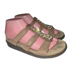 SAS NAPLES Sz 7 Rhinestone Trim Tan Hook/Loop Closure Cushion Walking Sandals